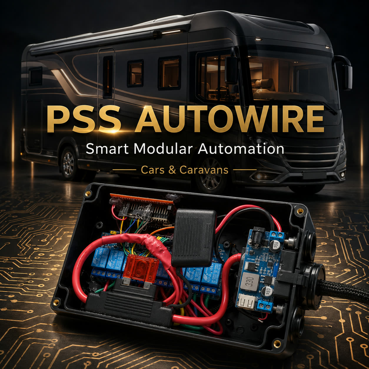 PSS AutoWire smart modular automation — a luxury motorhome beside the open relay control module on a circuit-board background