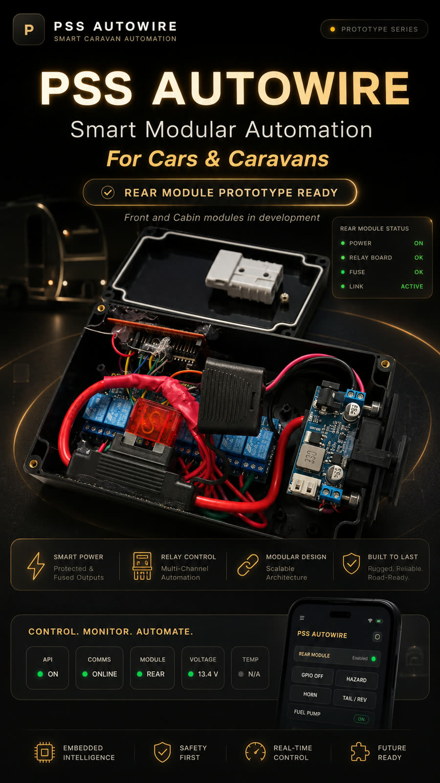 PSS AutoWire rear module prototype — the relay board, a live status panel, and the companion phone app