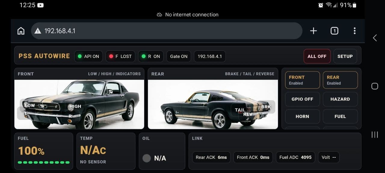 The PSS AutoWire built-in Wi-Fi dashboard running in a phone browser, controlling a classic Mustang's front and rear lighting with live fuel level