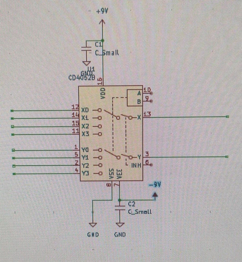 KiCad schematic capture of a CD4052B analog multiplexer with a dual-rail supply